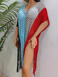 Fringe Color Block Scoop Neck Cover Up - Hovatok