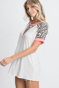 HeimishFull Size Leopard Round Neck Short Sleeve T-Shirt with Stitch Plus Size - Hovatok