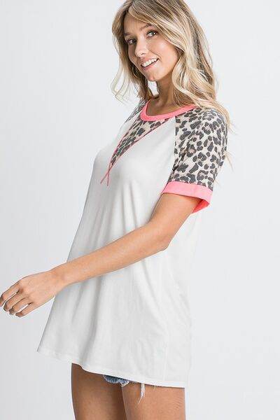 HeimishFull Size Leopard Round Neck Short Sleeve T-Shirt with Stitch Plus Size - Hovatok