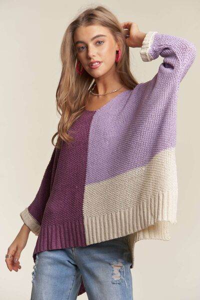 ADORA Side Slit Color Block Long Sleeve Sweater - Hovatok