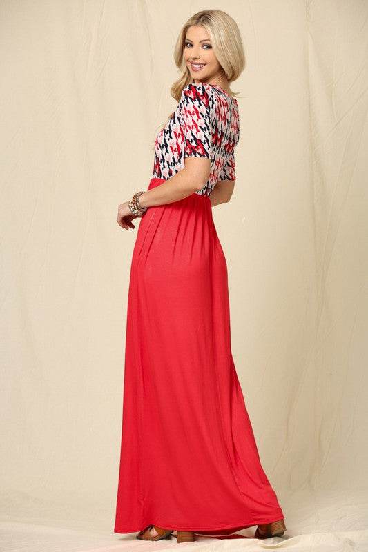 Celeste Full Size Houndstooth Round Neck Short Sleeve Maxi Dress Plus Size - Hovatok