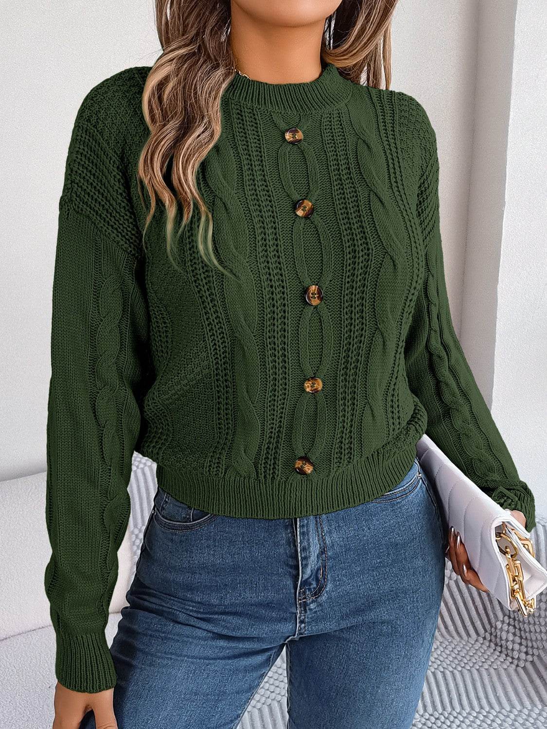 Cable-Knit Buttoned Round Neck Sweater - Hovatok