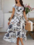 Devine Smocked Printed Short Sleeve Maxi Dress - Hovatok