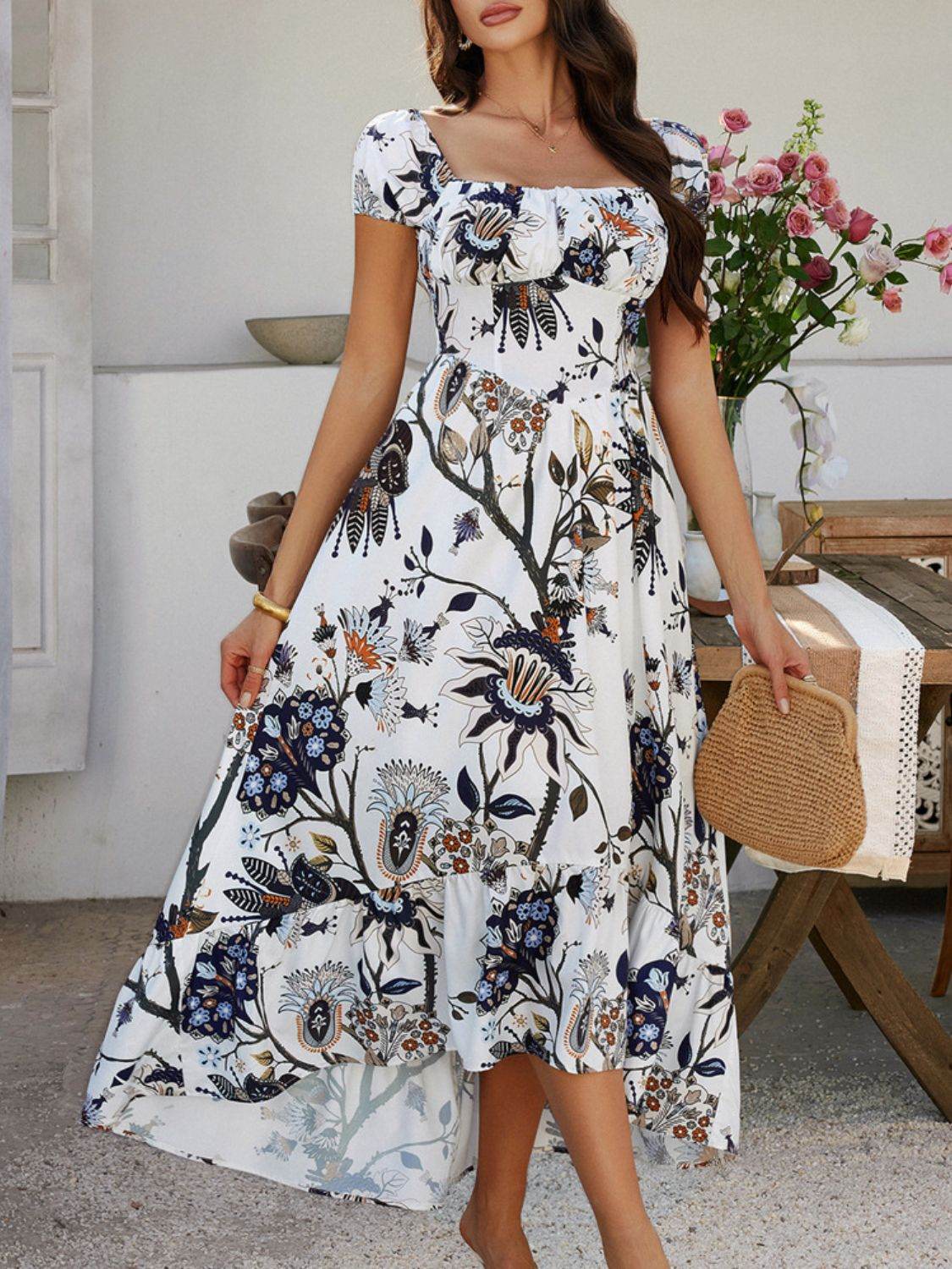 Devine Smocked Printed Short Sleeve Maxi Dress - Hovatok