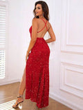 Slit Sequin V-Neck Cami Dress - Hovatok