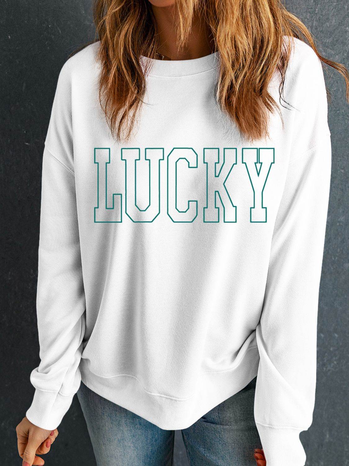 LUCKY Graphic Round Neck Long Sleeve Sweatshirt - Hovatok