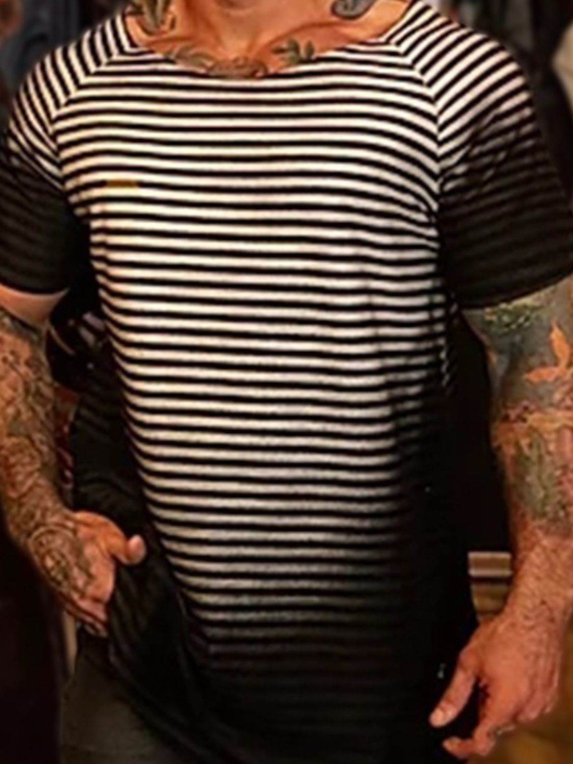 Men's Full Size Round Neck Short Sleeve Striped T-Shirt Plus Size - Hovatok