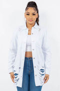 American Bazi Distressed Button Up Long Sleeve Denim Jacket - Hovatok