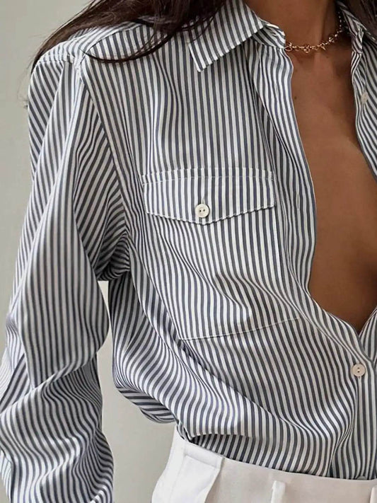Devine Striped Collared Neck Long Sleeve Shirt - Hovatok