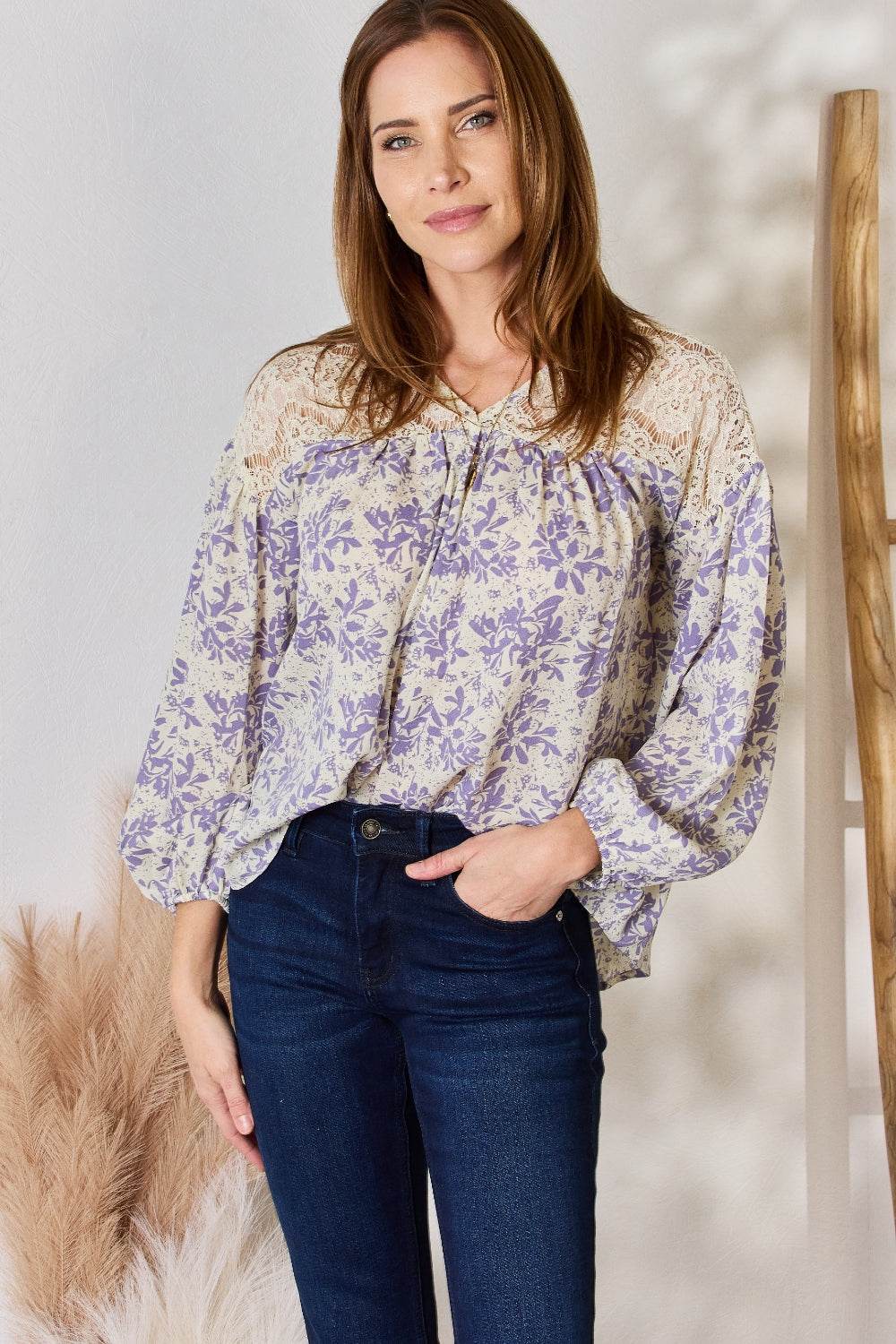 Hailey & Co Full Size Lace Detail Printed Blouse - Hovatok