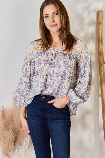 Hailey & Co Full Size Lace Detail Printed Blouse - Hovatok