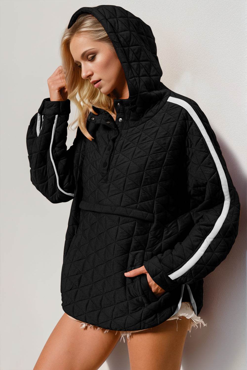 Double Take Contrast Trim Long Sleeve Half Snap Texture Hoodie with Pocket - Hovatok