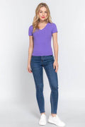 ACTIVE BASIC V-Neck Ribbed Short Sleeve Knit T-Shirt - Hovatok