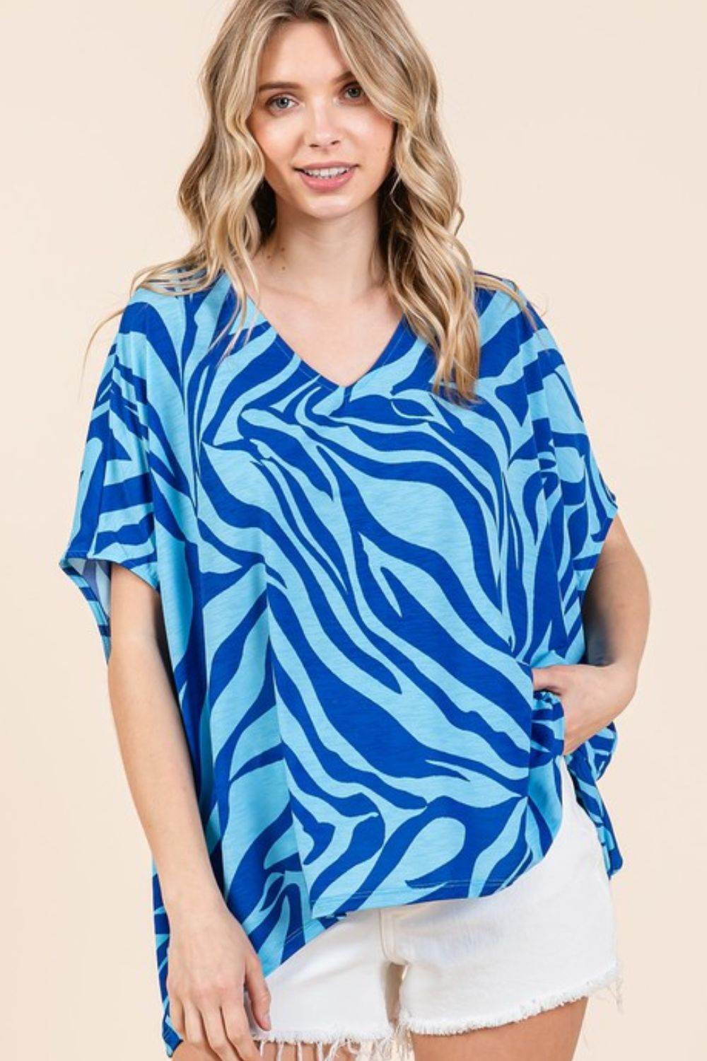 Mittoshop Zebra Print V-Neck Short Sleeve Oversized Top - Hovatok