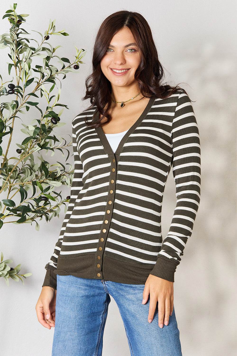 Zenana Full Size Striped Snap Down Cardigan - Hovatok