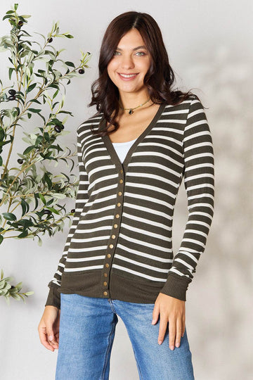 Zenana Full Size Striped Snap Down Cardigan - Hovatok