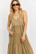 Zenana Full Size Spaghetti Strap Tiered Dress with Pockets in Khaki - Hovatok