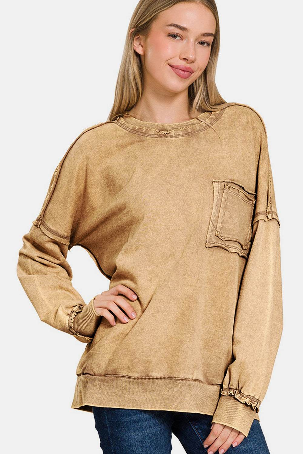 Zenana Exposed Seam Round Neck Dropped Shoulder Sweatshirt - Hovatok