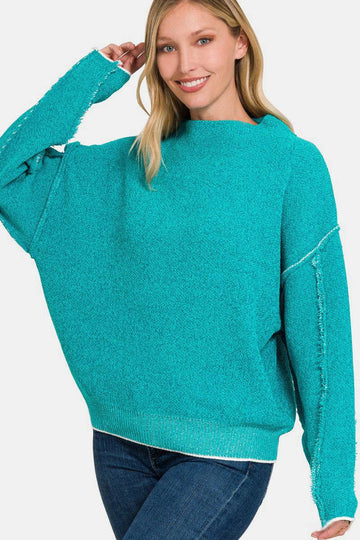 Zenana Exposed Seam Mock Neck Long Sleeve Sweater - Hovatok
