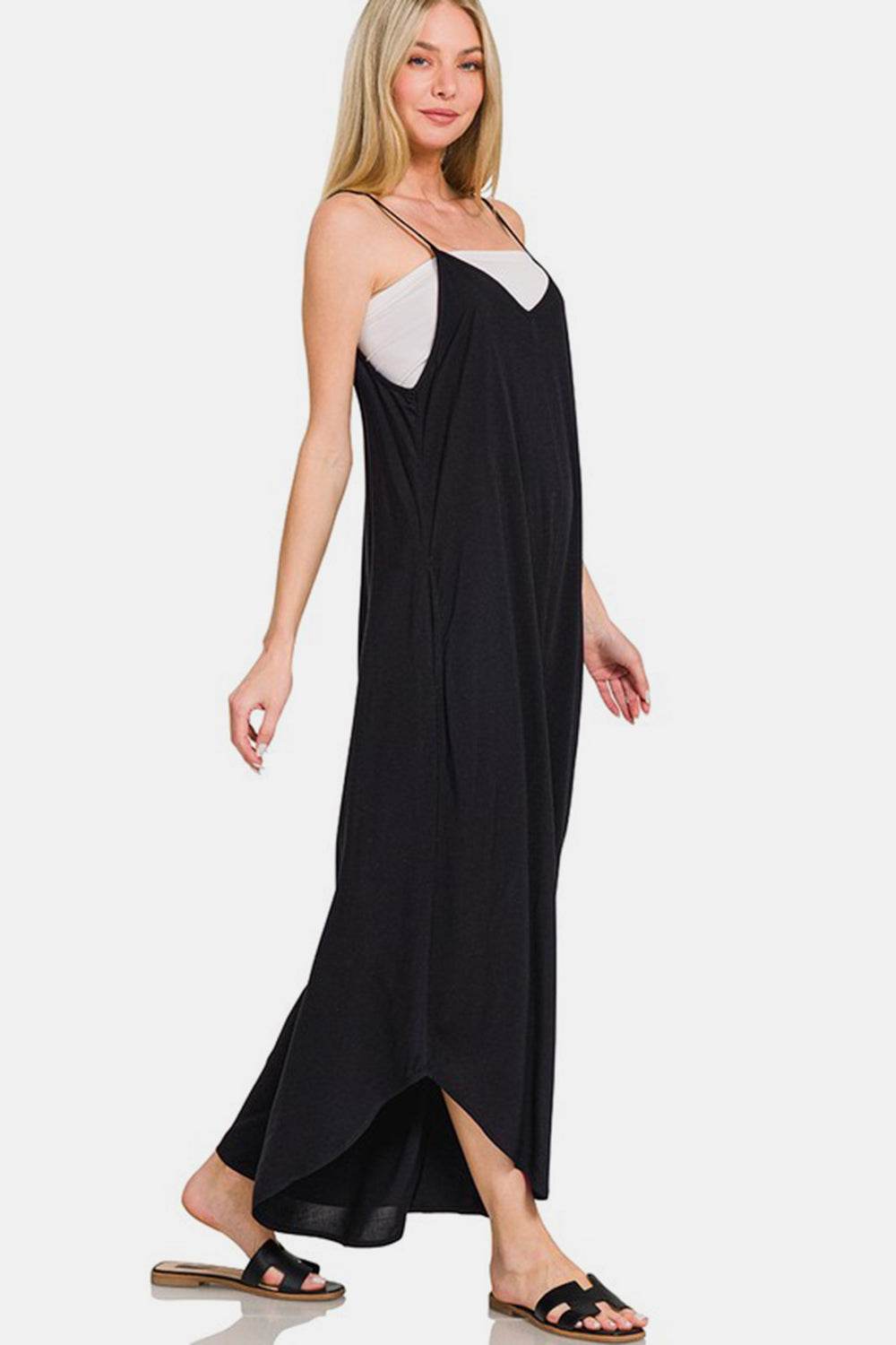 Zenana Spaghetti Strap Wide Leg Overalls with Pockets - Hovatok