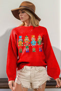 Double Take Full Size Sequin Nutcracker Long Sleeve Sweater - Hovatok