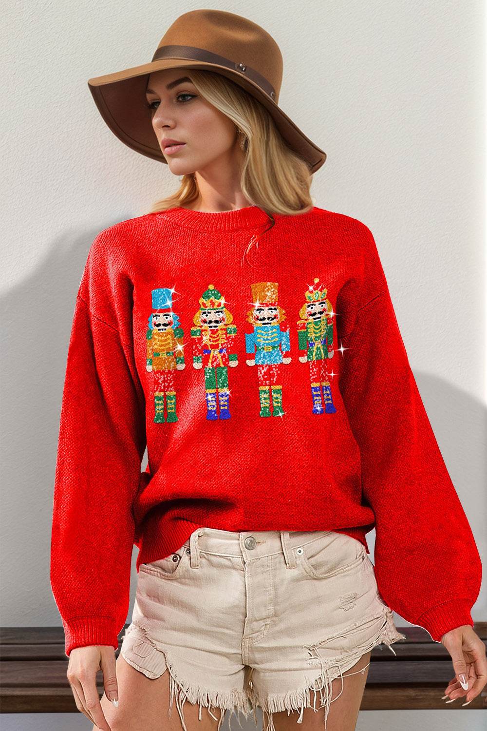 Double Take Full Size Sequin Nutcracker Long Sleeve Sweater - Hovatok