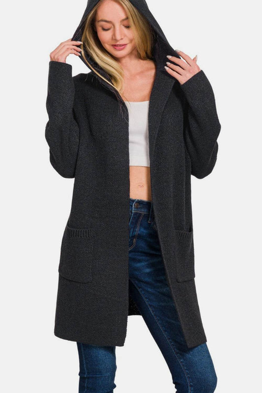 Zenana Hooded Open Front Sweater Cardigan - Hovatok