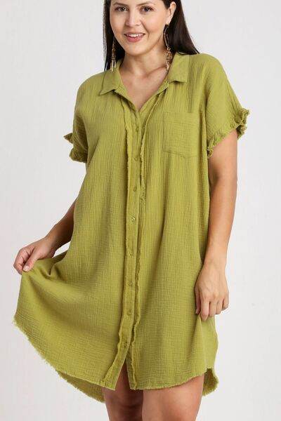 Umgee Full Size Raw Hem Button Down Short Sleeve Gauze Shirt Dress Plus Size - Hovatok