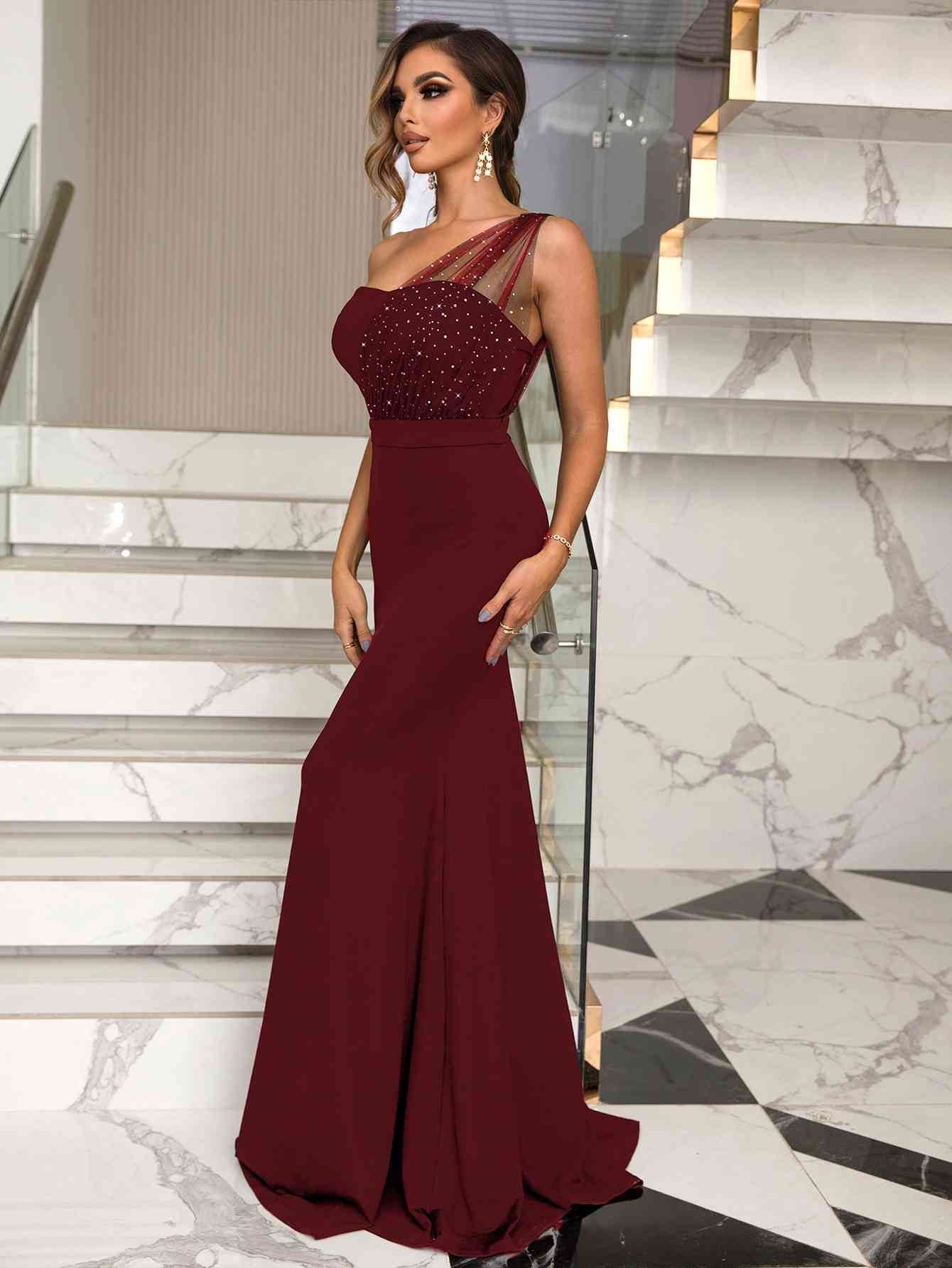 Rhinestone One-Shoulder Formal Dress - Hovatok