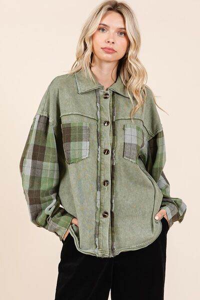Mittoshop Button Down Contrast Plaid Patchwork Shacket - Hovatok