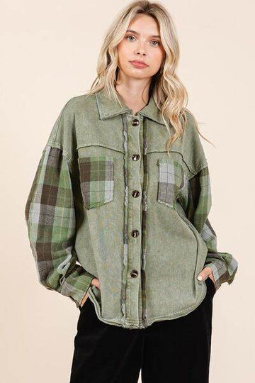 Mittoshop Button Down Contrast Plaid Patchwork Shacket - Hovatok