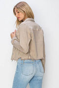 RISEN Full Size Raw Hem Button Up Cropped Denim Jacket Plus Size - Hovatok