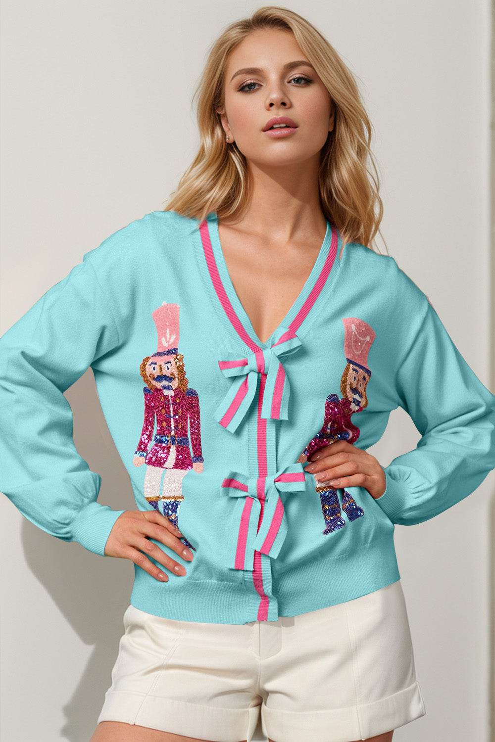Double Take Full Size Nutcracker Sequin Bow Decor Cardigan - Hovatok