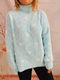 Heart Heathered Turtleneck Drop Shoulder Sweater - Hovatok