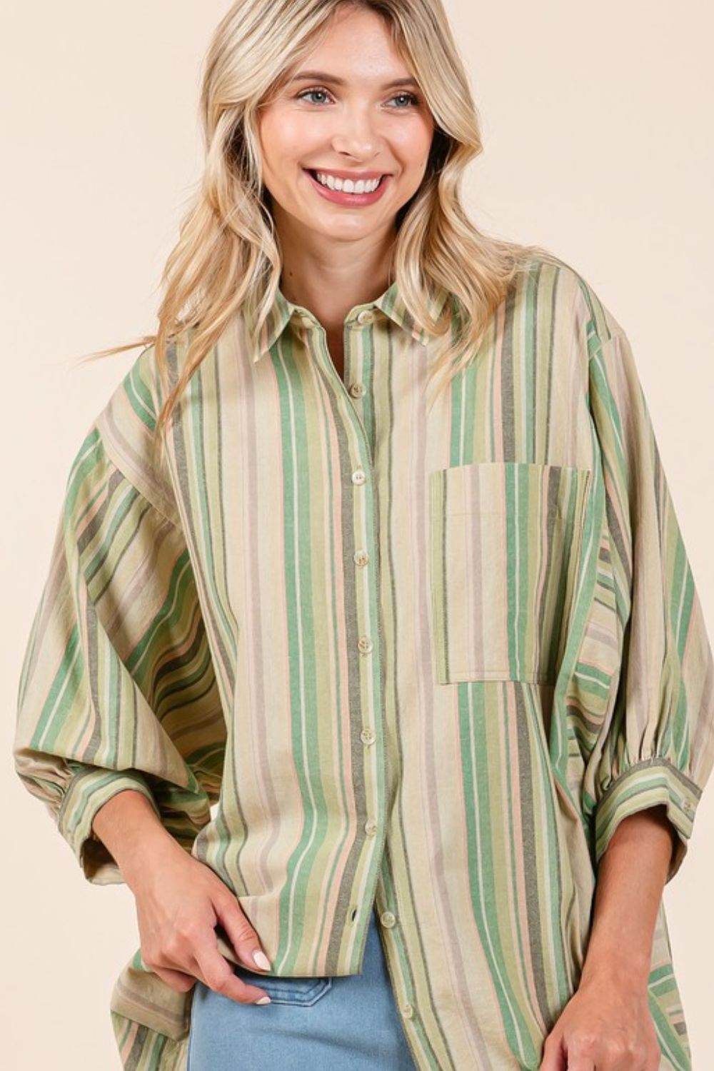 Mittoshop Striped Bubble Sleeve Button Down Shirt - Hovatok