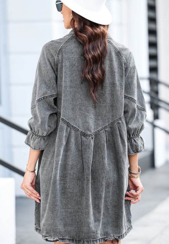 Distressed Collared Neck Flounce Sleeve Denim Dress - Hovatok