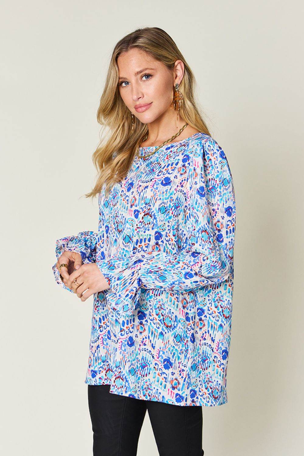 Double Take Full Size Printed Flounce Sleeve Blouse - Hovatok