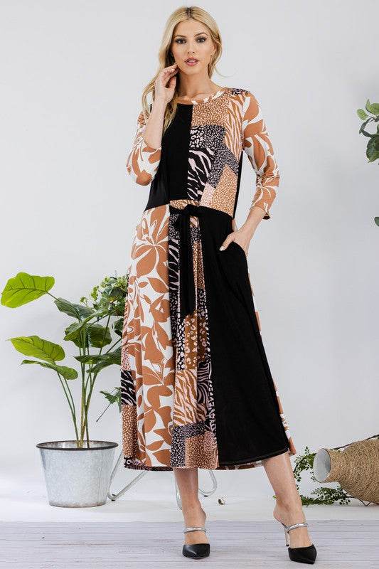 Celeste Full Size Multi Pattern Front Tie Midi Dress Plus Size - Hovatok
