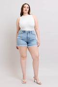 Judy Blue Full Size Tummy Control Raw Hem Denim Shorts Plus Size - Hovatok