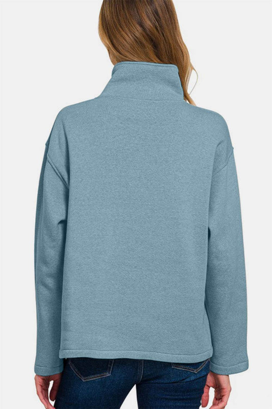 Zenana Turtleneck Half Snap Fleece Sweatshirt - Hovatok