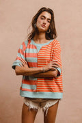 BiBi Striped Round Neck Half Sleeve French Terry Top - Hovatok
