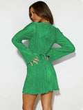 Tied Plunge Flare Sleeve Mini Dress - Hovatok