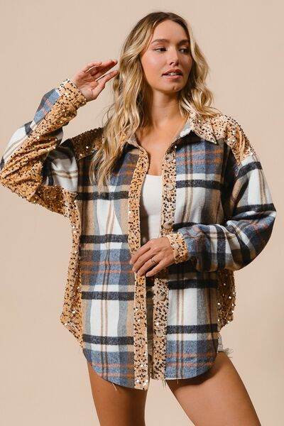 BiBi Curved Hem Sequin Plaid Button Up Shacket - Hovatok
