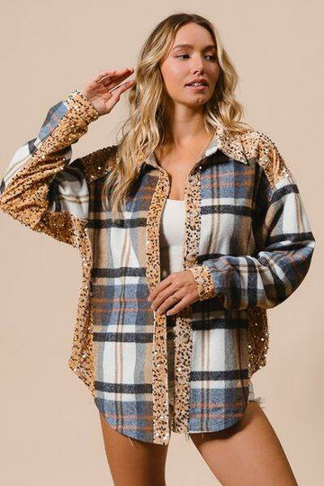 BiBi Curved Hem Sequin Plaid Button Up Shacket - Hovatok