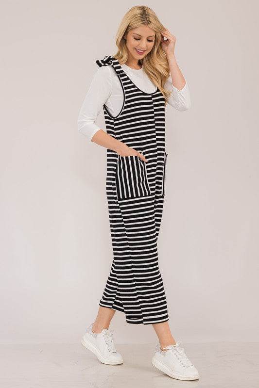 Celeste Full Size Striped Scoop Neck Overalls with Pockets - Hovatok