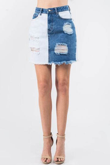 American Bazi Contrast Patched Frayed Denim Distressed Skirts - Hovatok