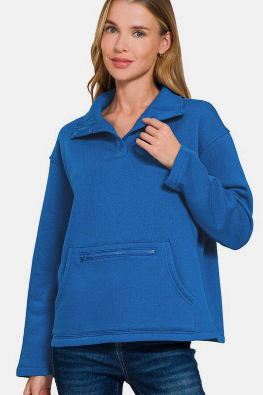 Zenana Turtleneck Half Snap Fleece Sweatshirt - Hovatok