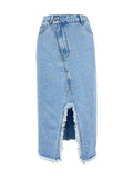 Raw Hem Slit Midi Denim Skirt - Hovatok