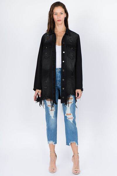 American Bazi Distressed Frayed Hem Denim Jacket - Hovatok