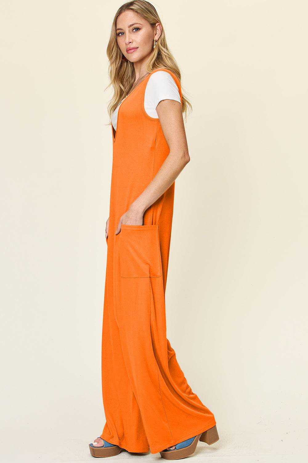 Double Take Full Size Sleeveless Wide Leg Jumpsuit with Pockets - Hovatok